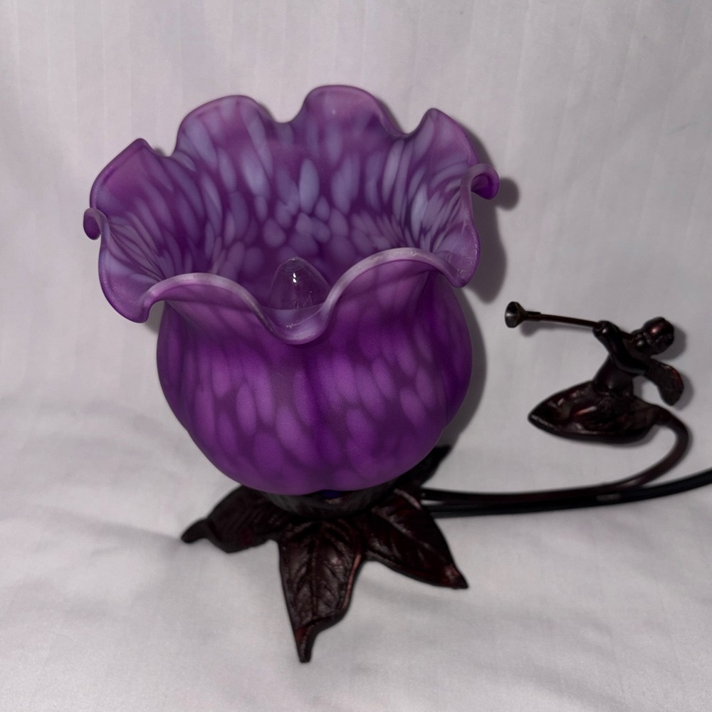 Elegant Purple Oil Spot Glass Lamp with Leaf Base and Cherub Angel Accent